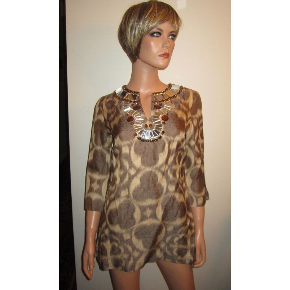 New TORY BURCH 4 Silk Blend Blouse Tunic S Jewel Mirror Beaded Boho Amber Brown